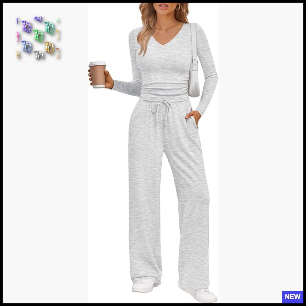 Two Piece Lounge Set Soft Stretch Wide Leg Pants Business Casual Outfits
